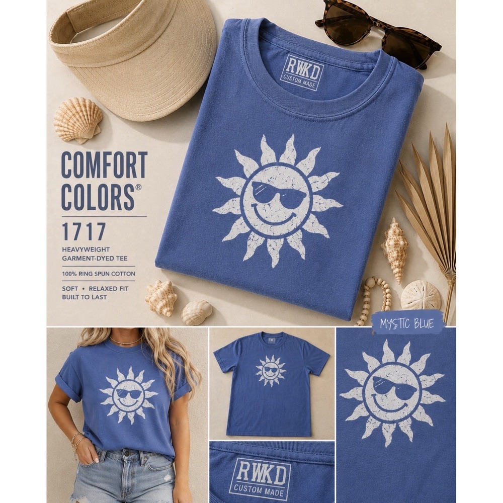 Comfort Colors 1717 Womens T-Shirt Sun Smiley Face Summer Tee Size Medium Blue